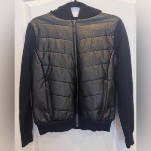 SIONI Vegan Leather and Knit Hoodie Bomber Jacket Black M